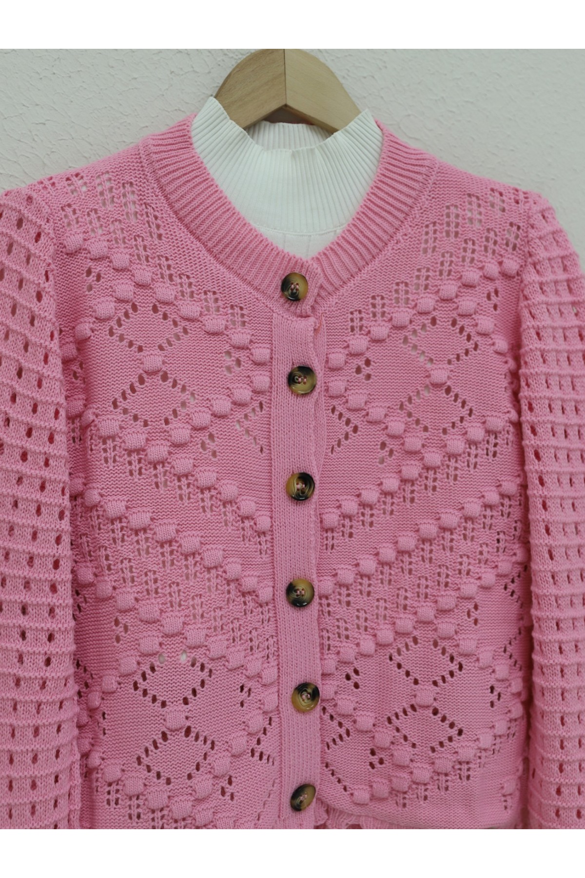 Openwork Embossed Bone Buttoned Knitted Cardigan  -Pink