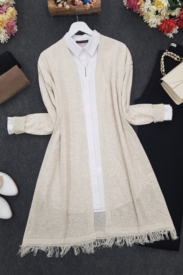 Skirt Tasseled Mesh Cardigan -Stone