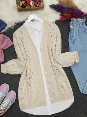 Openwork Floral Embroidered Buttoned Knitwear Cardigan  -Stone