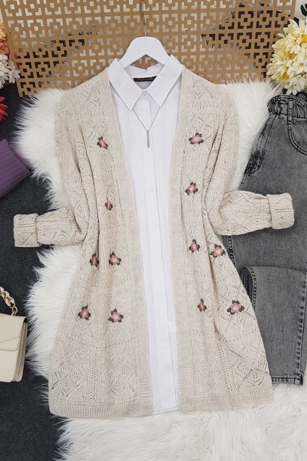 Openwork Embroidered Cardigan  -Stone