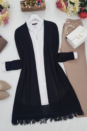 Eteği Püsküllü Fileli Hırka -Siyah