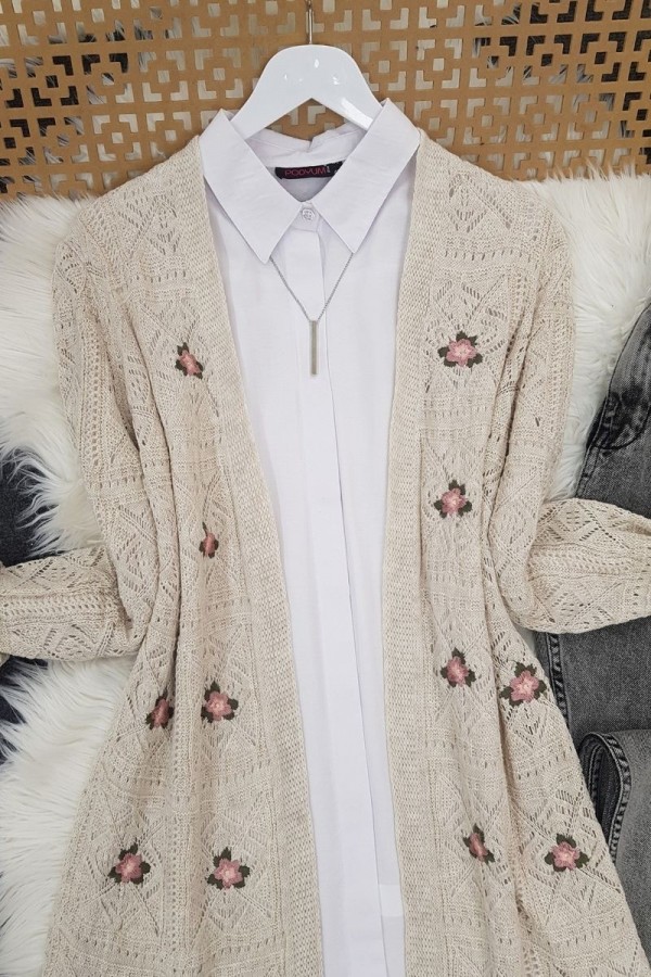 Openwork Embroidered Cardigan  -Stone