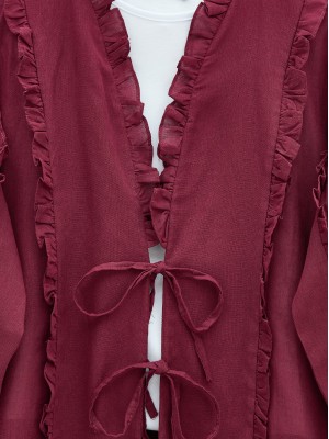 Önü Ve Kolu Fırfırlı Bağlamalı Keten Gömlek -Bordo