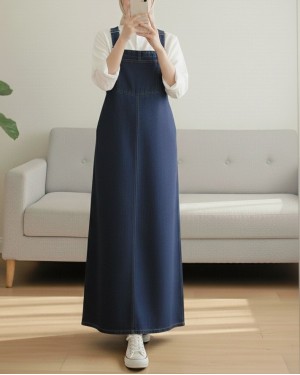 Cep Detaylı Askılı Kot Salopet -Koyu Mavi