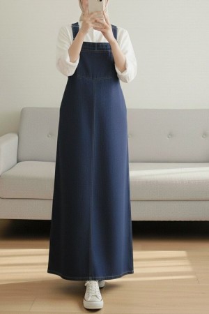 Cep Detaylı Askılı Kot Salopet -Koyu Mavi