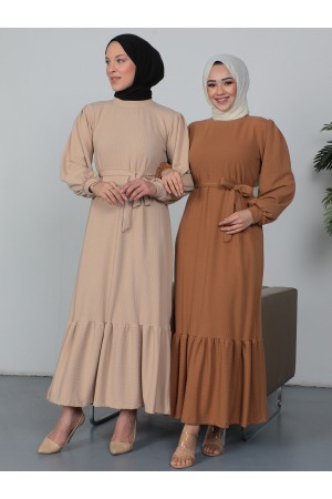 Skirt Part Corduroy Belted Dress - Beige