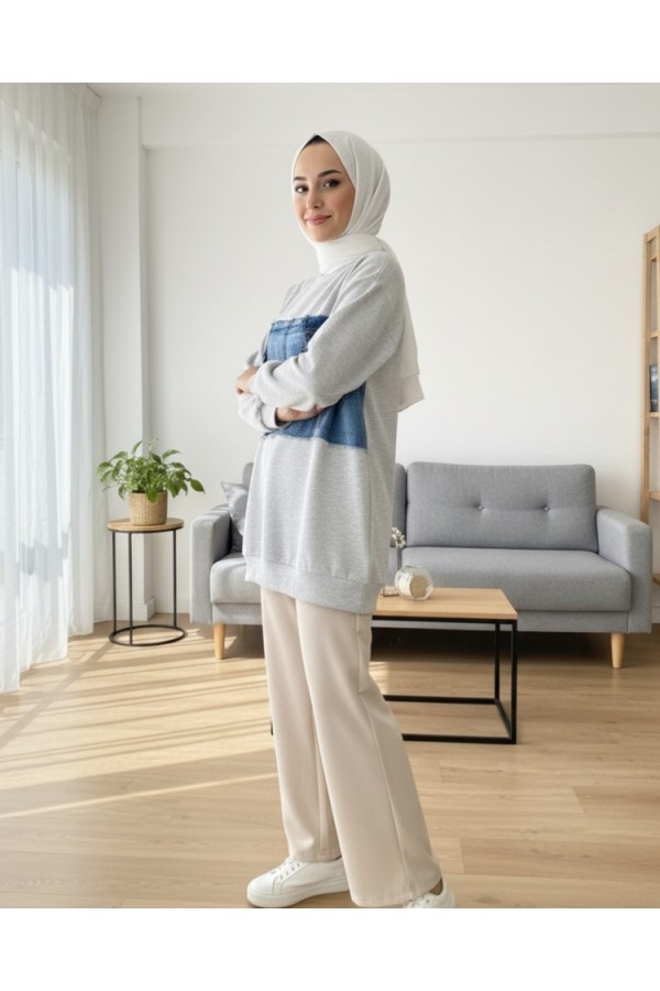 Round  Neck Front Denim Pocket Detailed Sweater - Light grey