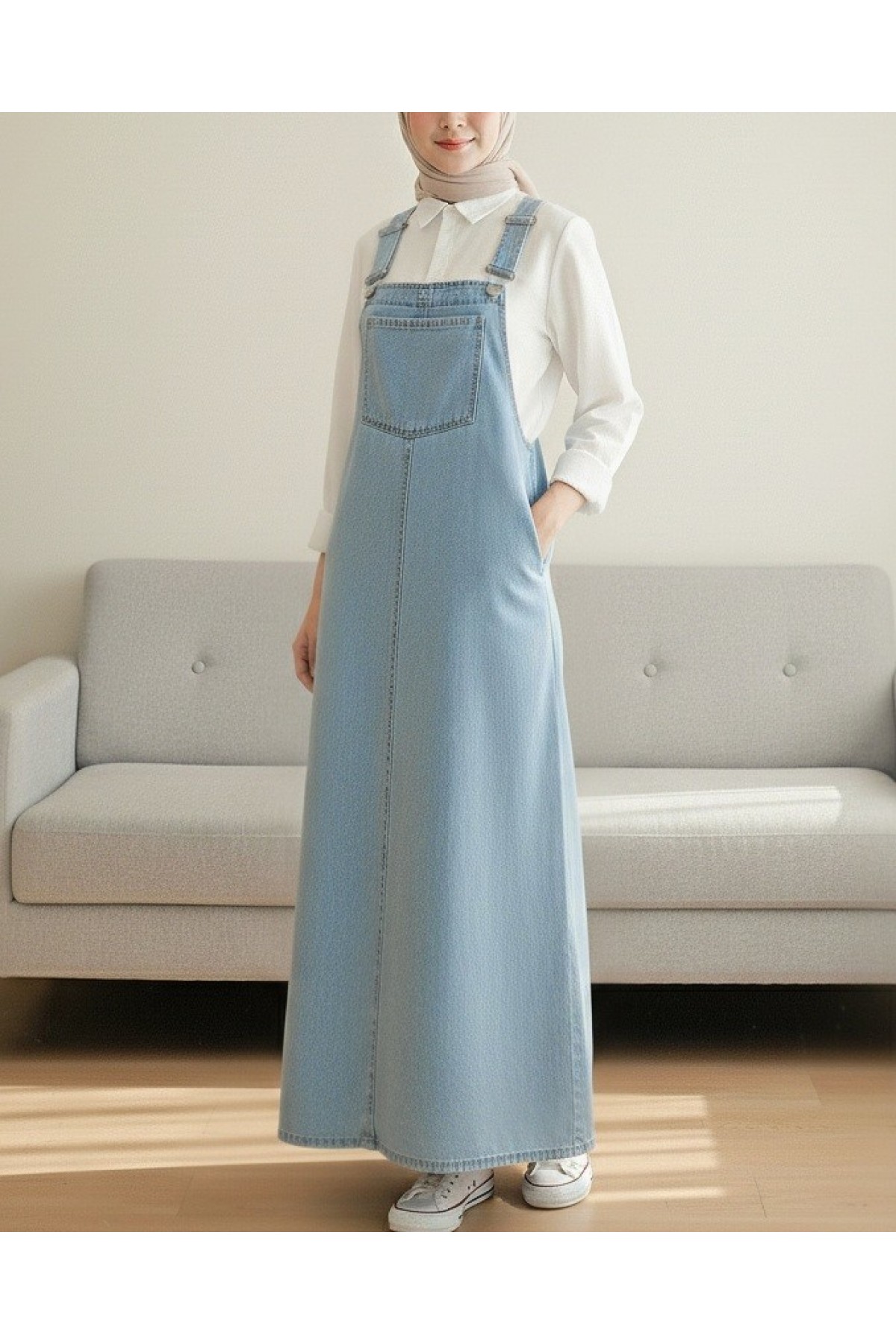Denim Overalls with Pocket Details and Straps -Ice Blue