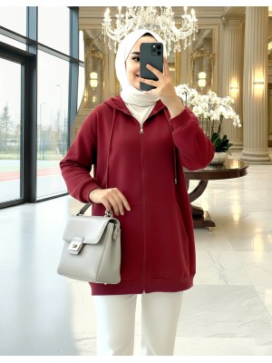 Kangaroo Pocket Hooded Zippered Sweater -Maroon