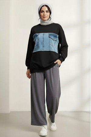 Yuvarlak Yaka Önü Kot Cep Detaylı Sweat -Siyah