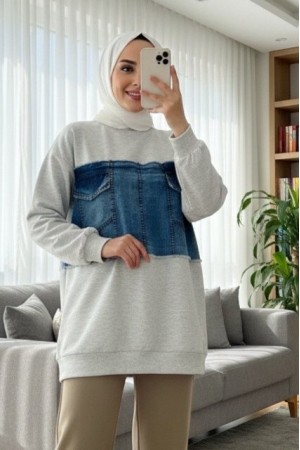 Yuvarlak Yaka Önü Kot Cep Detaylı Sweat -Açık Gri