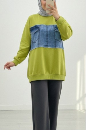 Yuvarlak Yaka Önü Kot Cep Detaylı Sweat -Yağ Yeşili