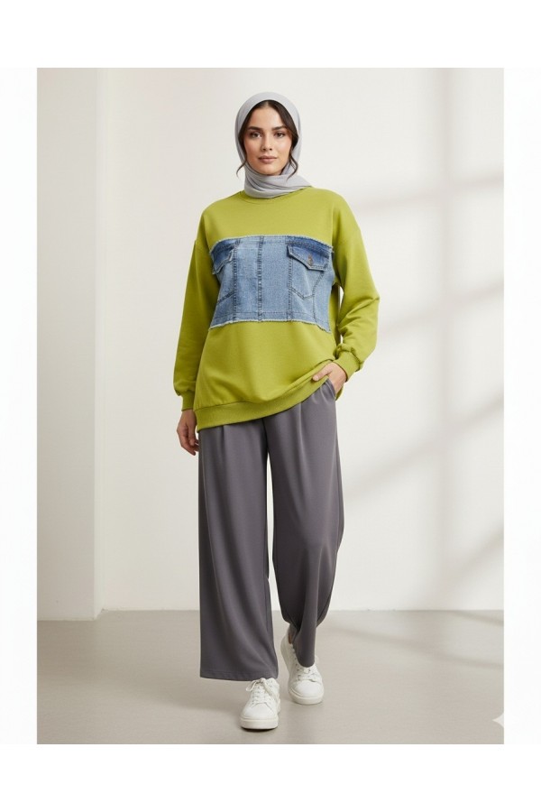 Round  Neck Front Denim Pocket Detailed Sweater -Oil Green