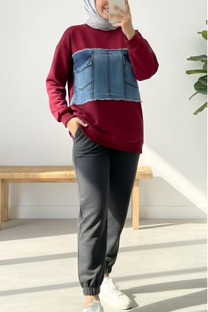 Yuvarlak Yaka Önü Kot Cep Detaylı Sweat -Bordo