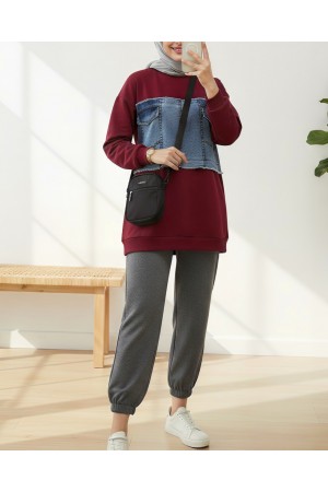 سويت شيرت جينز برقبة دائرية وجيب أمامي  مفصل -بوردو