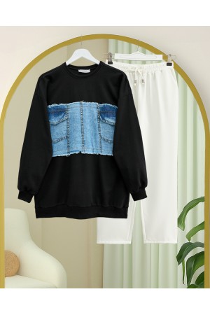 سويت شيرت جينز برقبة دائرية وجيب أمامي  مفصل -أسود