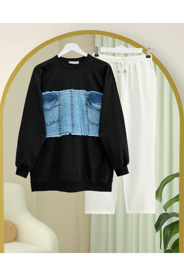 Round  Neck Front Denim Pocket Detailed Sweater -Black