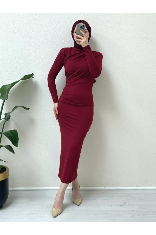 Yanı Büzgülü Uzun Skuba Elbise -Bordo