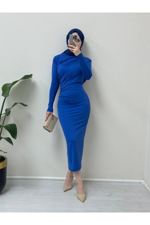 فستان طويل بعقدة جانبية -أزرق شامي
