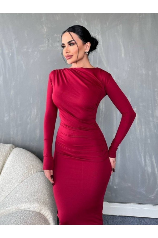 Yanı Büzgülü Uzun Skuba Elbise -Bordo