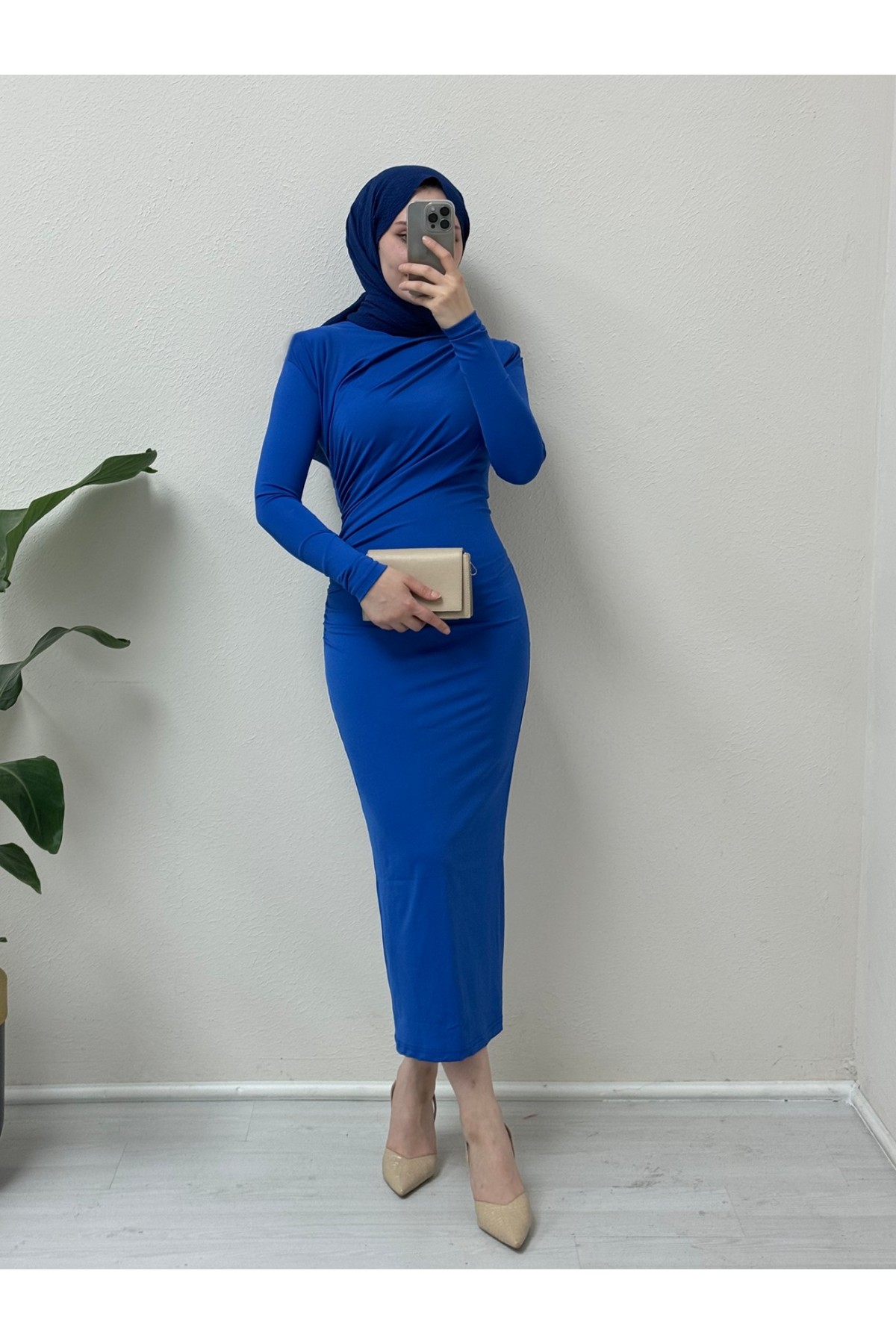 Side Gathered Long Dress -Saxe 