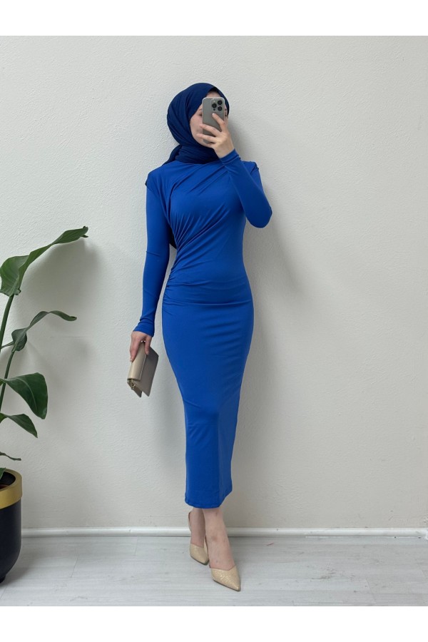 Yanı Büzgülü Uzun Skuba Elbise -Saks