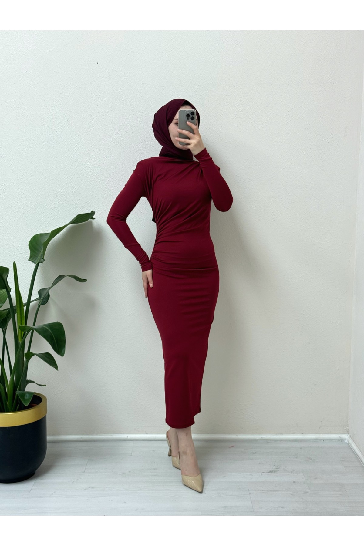 Side Gathered Long Dress -Maroon
