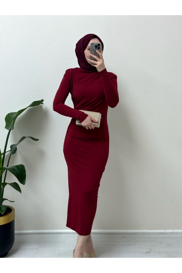 Yanı Büzgülü Uzun Skuba Elbise -Bordo