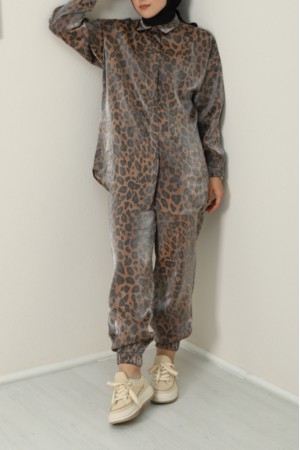 Leopar Desen Flamlı Saten Takım -Kahve