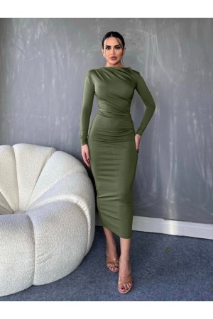 فستان طويل بعقدة جانبية -خاكي