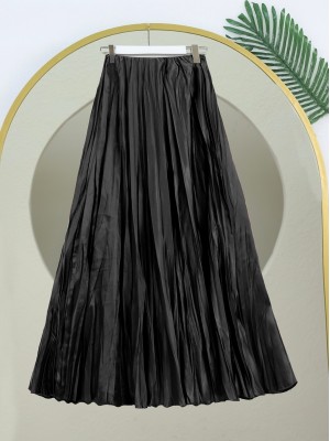 Beli Lastikli Saten Kraş Etek  -Siyah