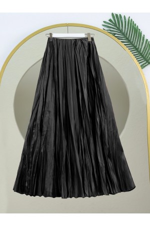 Beli Lastikli Saten Kraş Etek  -Siyah