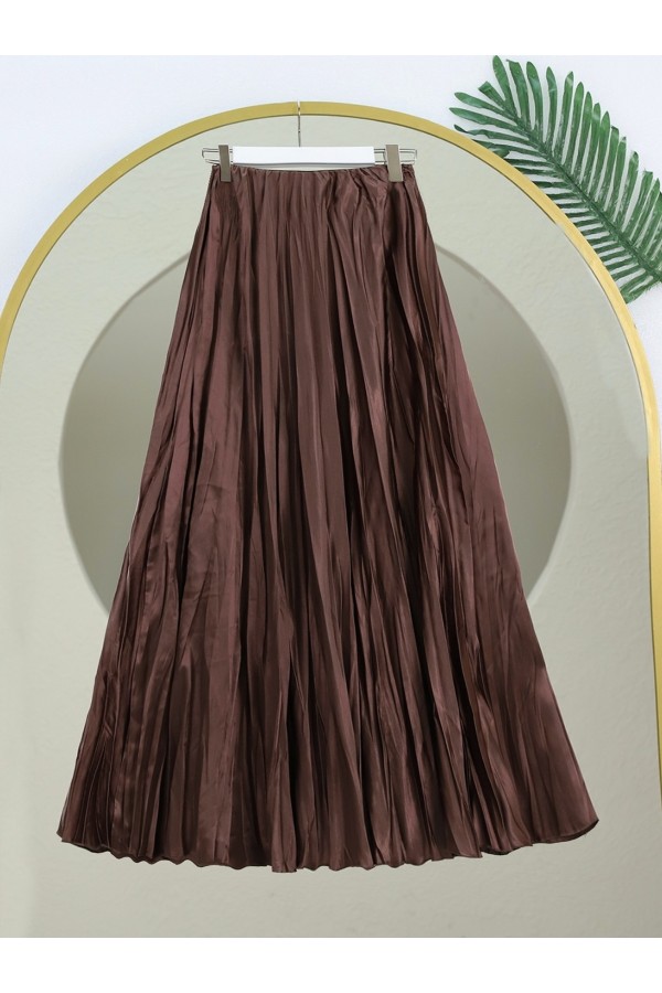 Elastic Waist Satin Krash Skirt -Brown