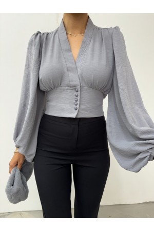 Düğmeli Arkası Lastikli Balon Kol Sandy Crop    -Gri