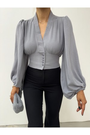 Düğmeli Arkası Lastikli Balon Kol Sandy Crop    -Gri
