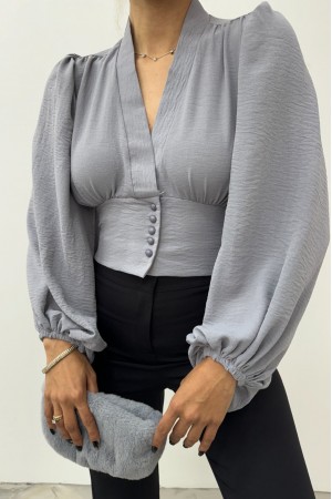 Düğmeli Arkası Lastikli Balon Kol Sandy Crop    -Gri