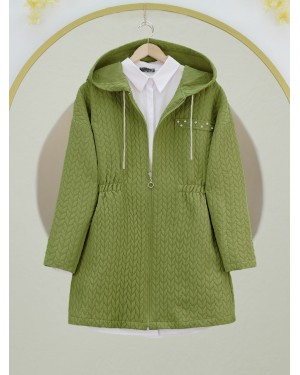 Hooded Elastic Waist Stone Detailed Quilted Polar Fleece -Oil Green