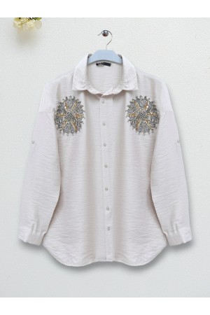 Pullu Güneş Nakışlı Gömlek -Bej