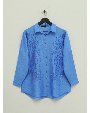 Yaprak Desen Pul Payet Gömlek -İndigo