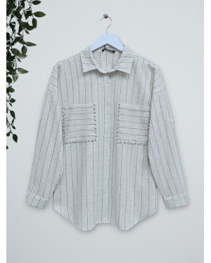 Taş İşlemeli Çizgili Keten Gömlek -Bej