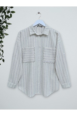 Taş İşlemeli Çizgili Keten Gömlek -Bej