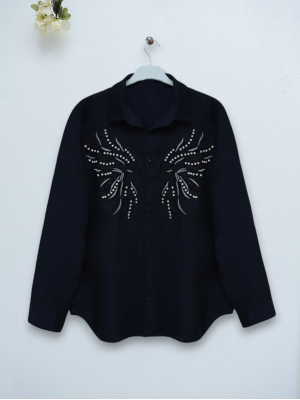 Taş Ve Nakış İşlemeli Keten Gömlek -Siyah