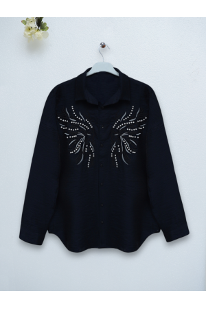 Taş Ve Nakış İşlemeli Keten Gömlek -Siyah