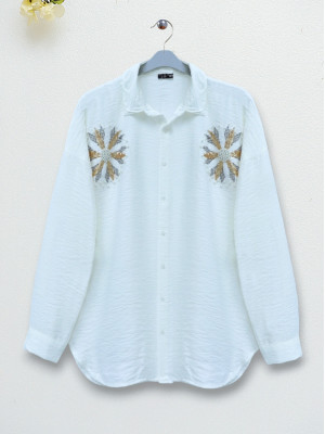 Pullu Güneş Nakışlı Gömlek -Ekru