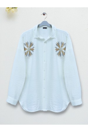 Pullu Güneş Nakışlı Gömlek -Ekru