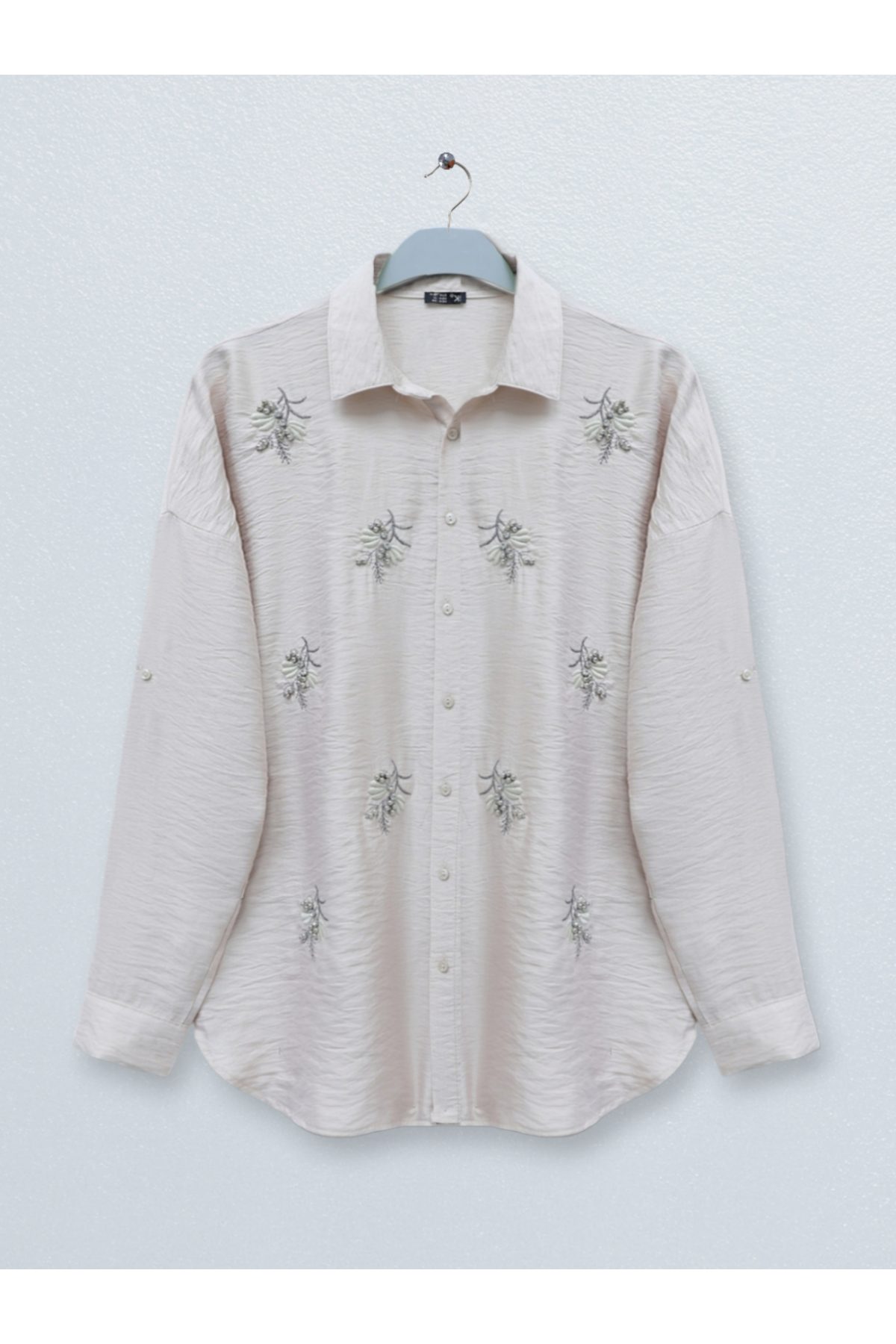 Stoned Leaf Embroidered Button Shirt - Beige