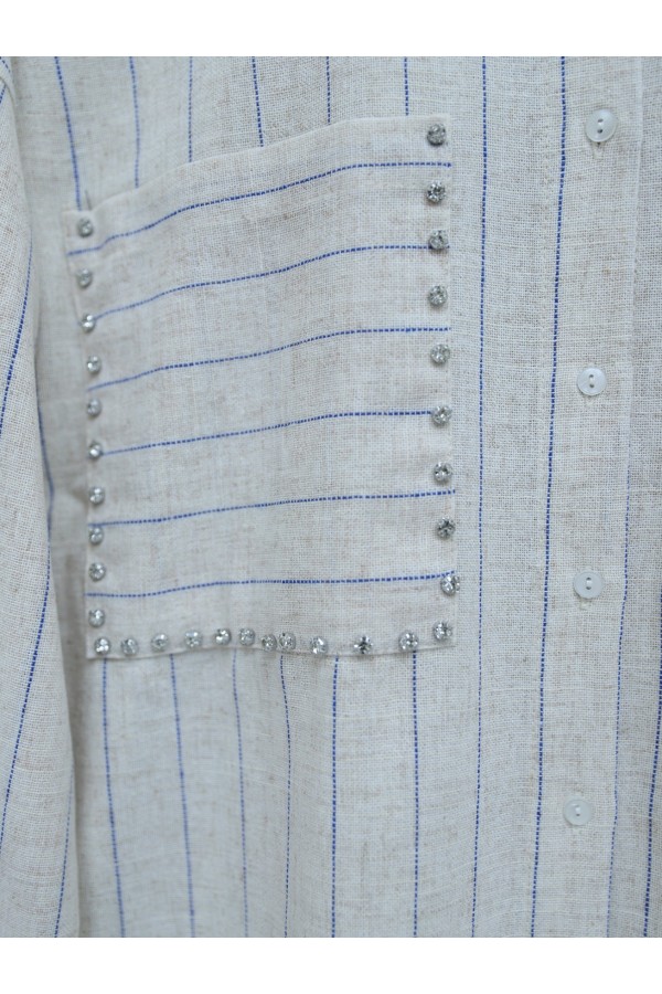 Stone Embroidered Striped Linen Shirt - Beige