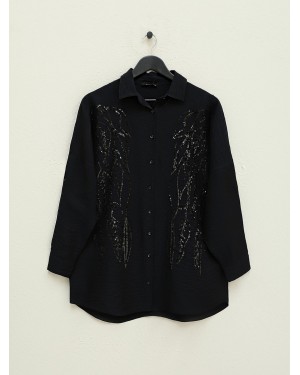 Yaprak Desen Pul Payet Gömlek -Siyah