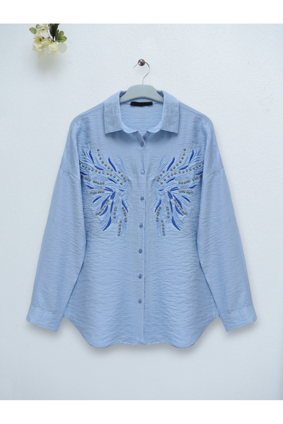 Stone And Embroidered Linen Shirt -Baby Blue