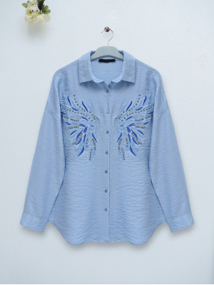 Taş Ve Nakış İşlemeli Keten Gömlek -Bebe Mavi